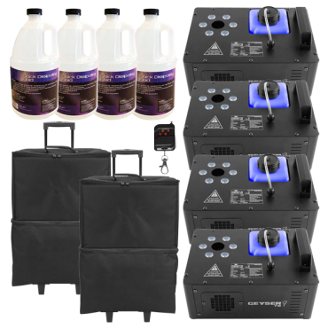 (4) Chauvet DJ Geyser T6 Vertical Fog Machines with Fog Fluid and Carry Cases Package