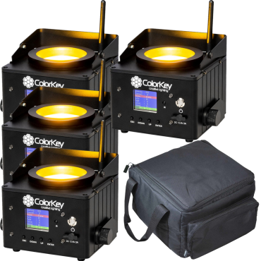 (4) ColorKey CKU-7050 AirPar COB QUAD Wireless Uplights with Lighting Carry Bag Package