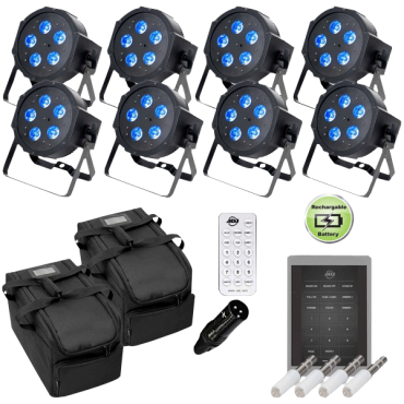 (8) American DJ Mega QPlus Go Compact Rechargeable Low Profile Par Package